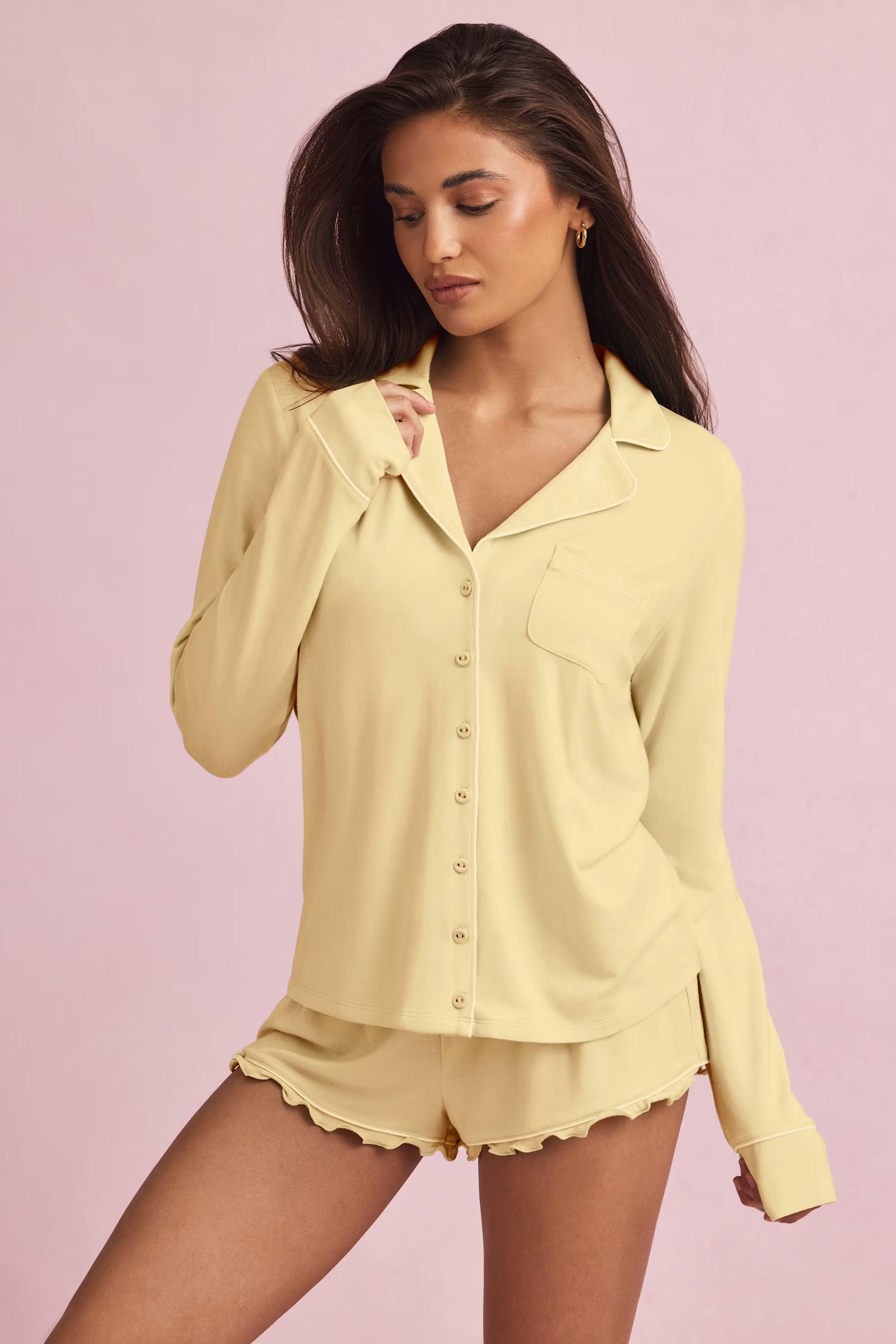 Modal Long-Sleeve Pyjama Top in Pastel Yellow | Oh Polly