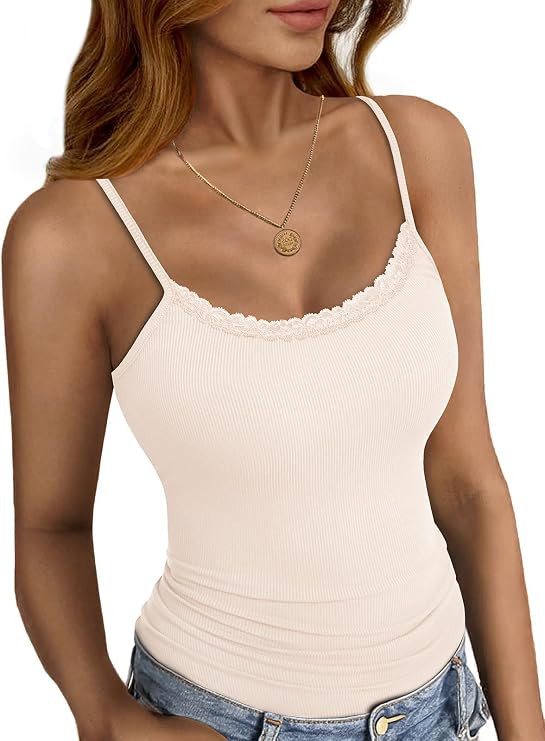 Lace Camisole Tops for Women Adjustable Strap Ribbed Cami Top | The lace trim square neck, spaghe... | Amazon (US)