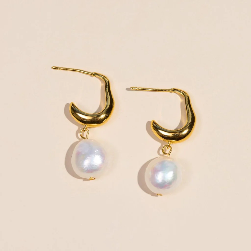 Gold Pearl Drop Hoops | Nickel and Suede