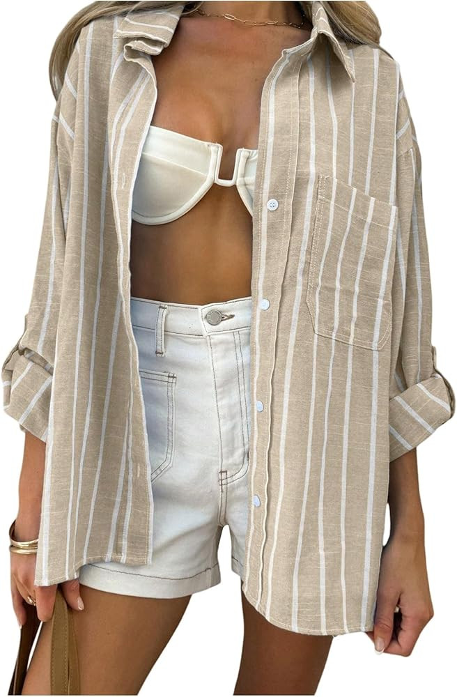 SOLY HUX Women's Striped Shirt Collar Roll Up Long Sleeve Oversized Button Down Blouse Tops with ... | Amazon (US)