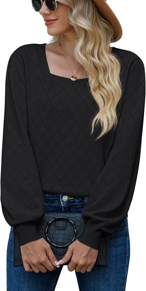 PrinStory Womens Pullover Sweater Square Neck Lantern Sleeves Tunic Top for Fall Winter | Amazon (CA)