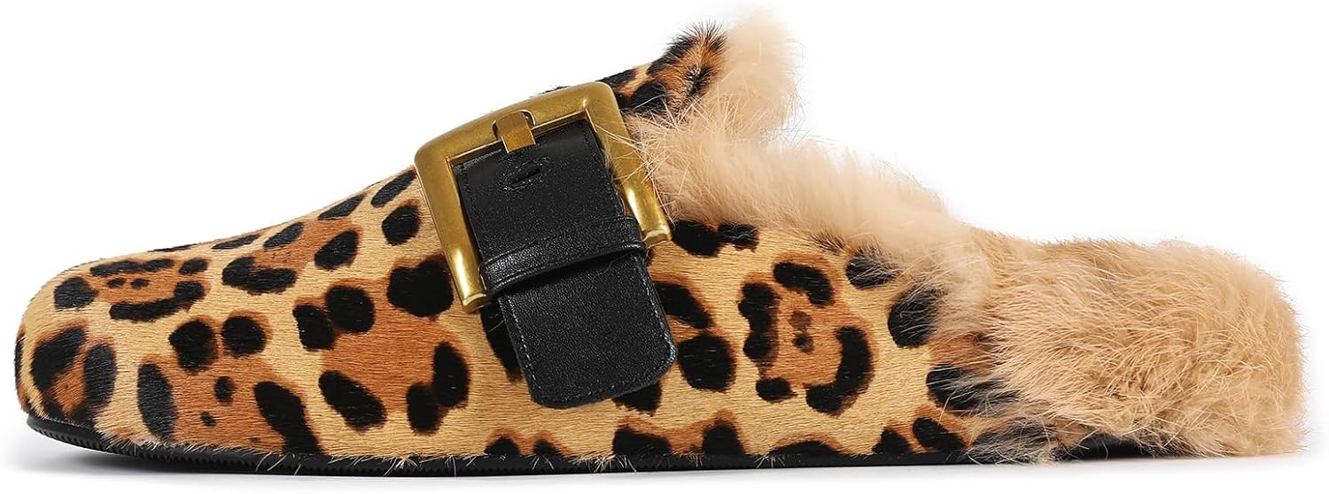 Fur Mules for Women Leather Buckle Flats Furry Padded Backless Loafers | Amazon (US)