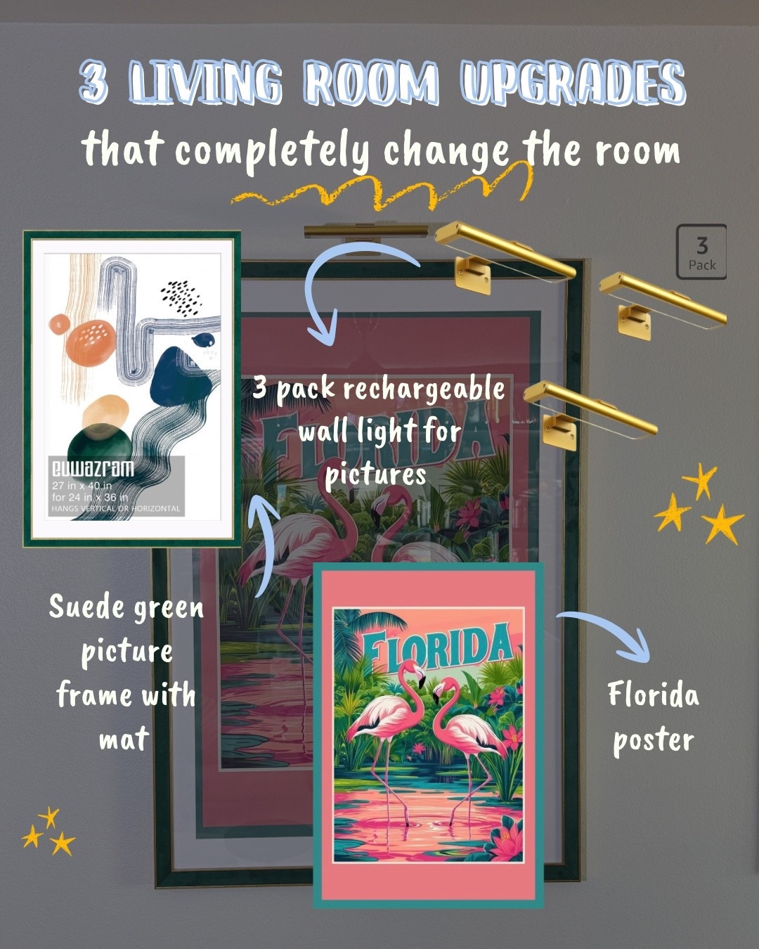 These three frames are one of my favorite additions to our living room. 🤍 Each one features a travel print from a state that means something to our family—Florida (my husband and me), Texas (Mark), and Oklahoma (Dale). The rechargeable picture lights are magnetic, remote-controlled, dimmable, have a timer, and completely elevate the look. Everything is linked here! ✨

#LTKHome #LTKU