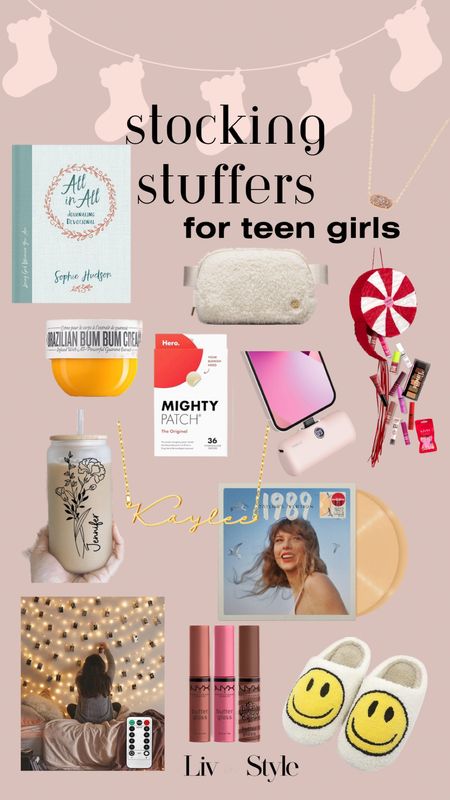 Stocking stuffer ideas for teen and tween girls! Devotional, Lululemon fuzzy belt bag, Ulta NYX Holiday gift set, Sol de Janeiro bum lotion, Mighty Patch acne patches, portable charger, Kendra Scott necklace, personalized necklace, birth flower personalized tumbler, twinkle lights with clips for her favorite pictures, NYX lip trio, preppy smiley face slippers, Taylor Swift 1989 (Taylor’s Version) Vinyl record. #Giftguide #teengirl

#LTKCyberWeek #LTKkids #LTKGiftGuide