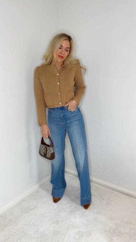 Trouser jeans
Wide leg jeans 
Cardigan 
Gucci bag 
#LTKshoecrush #LTKVideo #LTKitbag