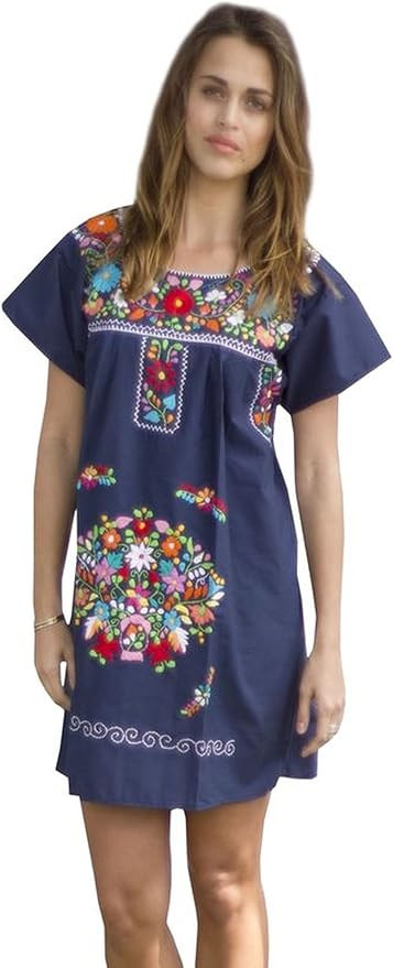 Liliana Cruz Embroidered Mexican Peasant Mini Dress | Amazon (US)