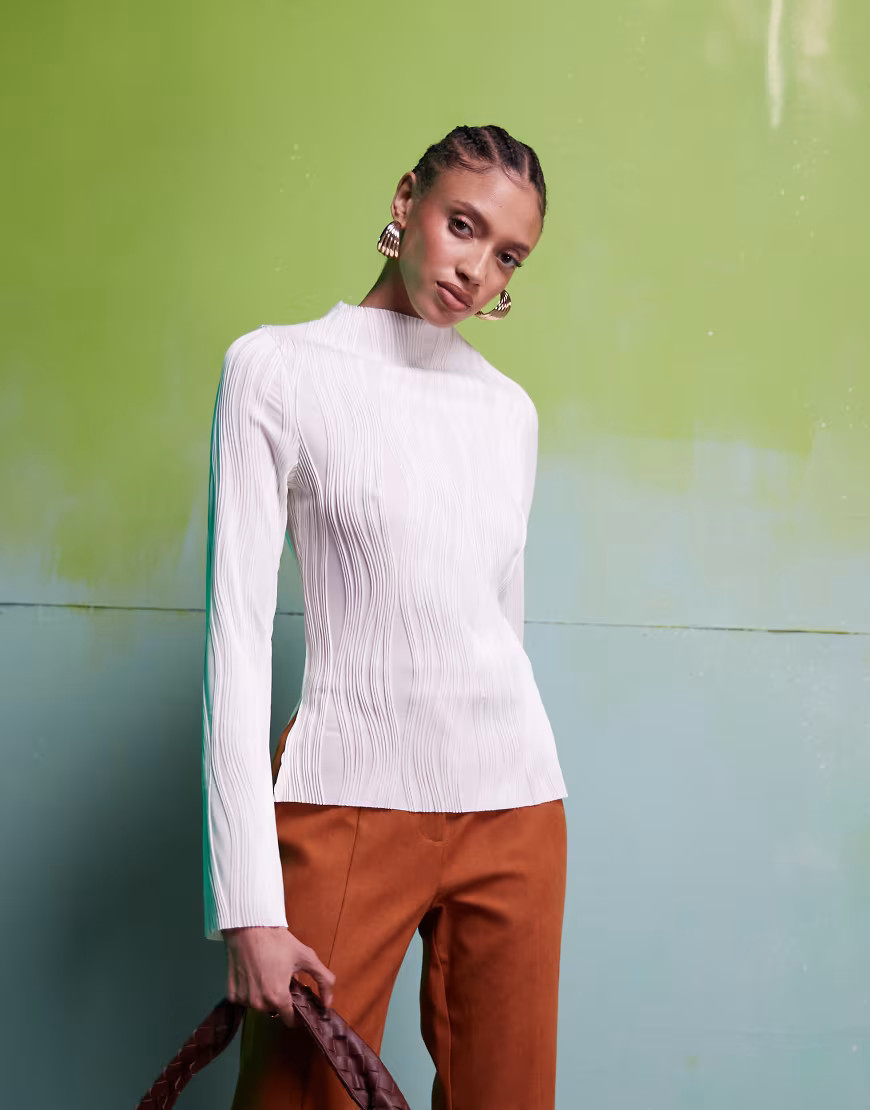 ASOS DESIGN plisse long sleeve top in cream-White | ASOS (Global)