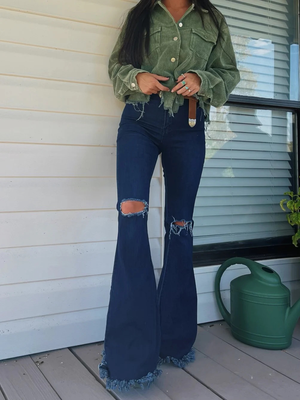 Farrah Denim Distressed High Waisted Flares - Dark Wash | Willow Boutique