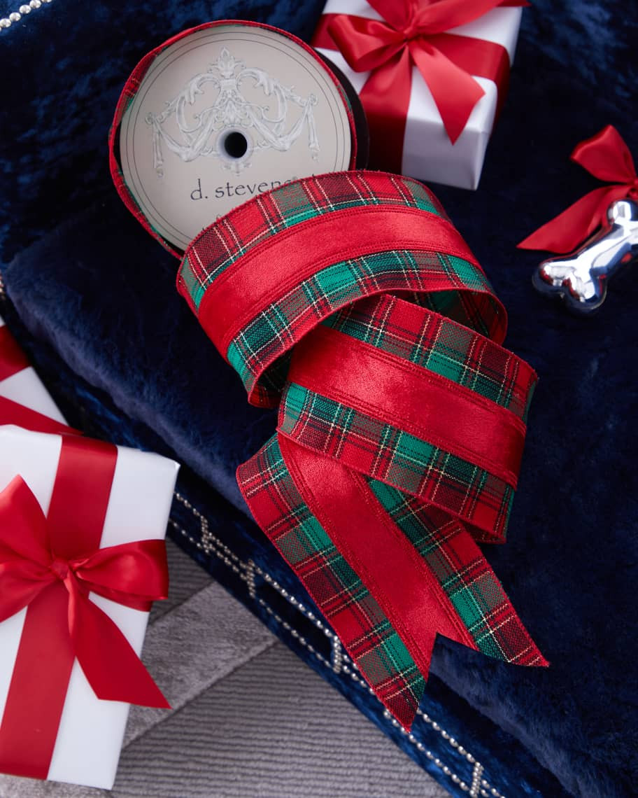 D. Stevens Faux Wool Plaid Ribbon with Velvet Stripe, 4"W x 10 Yards | Neiman Marcus