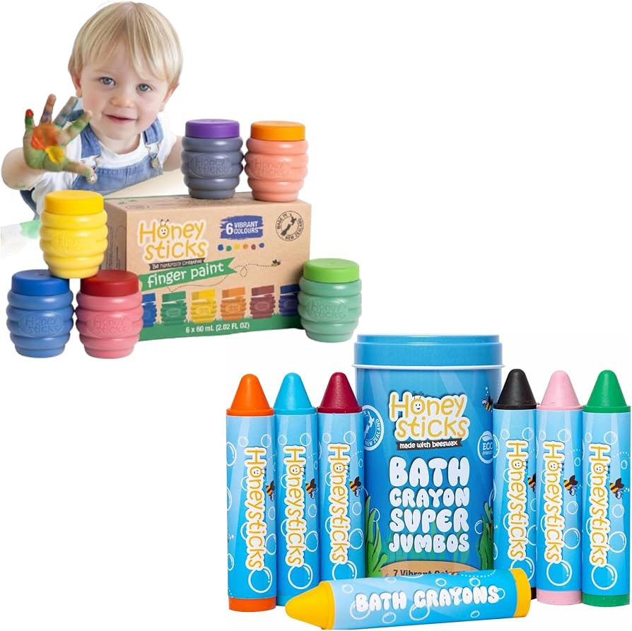 Honeysticks Non Toxic Finger Paint (6 Bright Colors) and Super Jumbo Bath Crayons (7 Pack), Perfe... | Amazon (US)