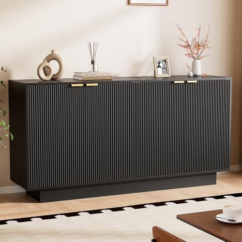 LegacyAmerhome 63'' Large Fluted Sideboard Buffet Cabinet, Modern Entertainment Center with Storage, Console Table Wine Bar Storage Cabinet with 4 Doors for Dining Room, Kitchen(Black) | Amazon (US)