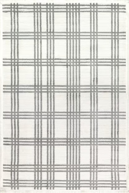 Light Grey Joanne Plaid Fringed Area Rug | Rugs USA