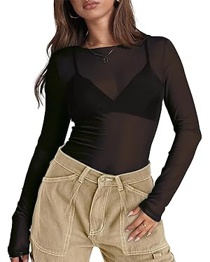 WIHOLL Womens Mesh Sheer Tops Sexy Crew Neck Summer Loose FIt Party Clubwear Shirts | Amazon (US)