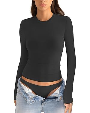 Womens Cotton Long Sleeve Shirts Crew Neck Slim Fit Basic Going Out Crop Outfits for Spring Fall ... | Amazon (US)