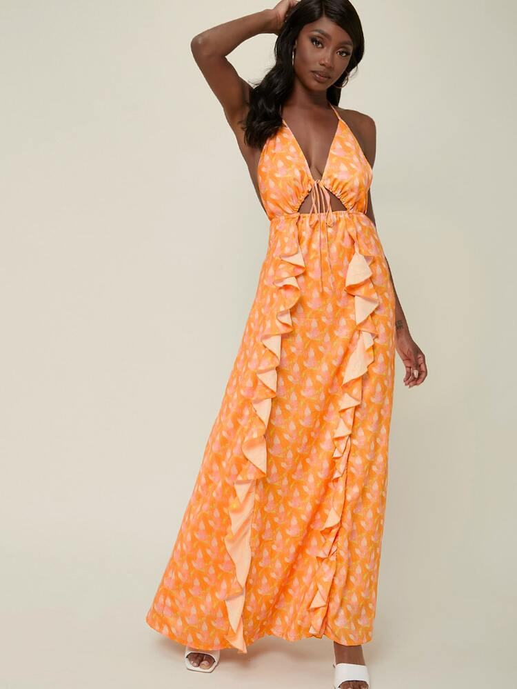SHEIN Abstract Ruffled Cutout Maxi Dress | SHEIN