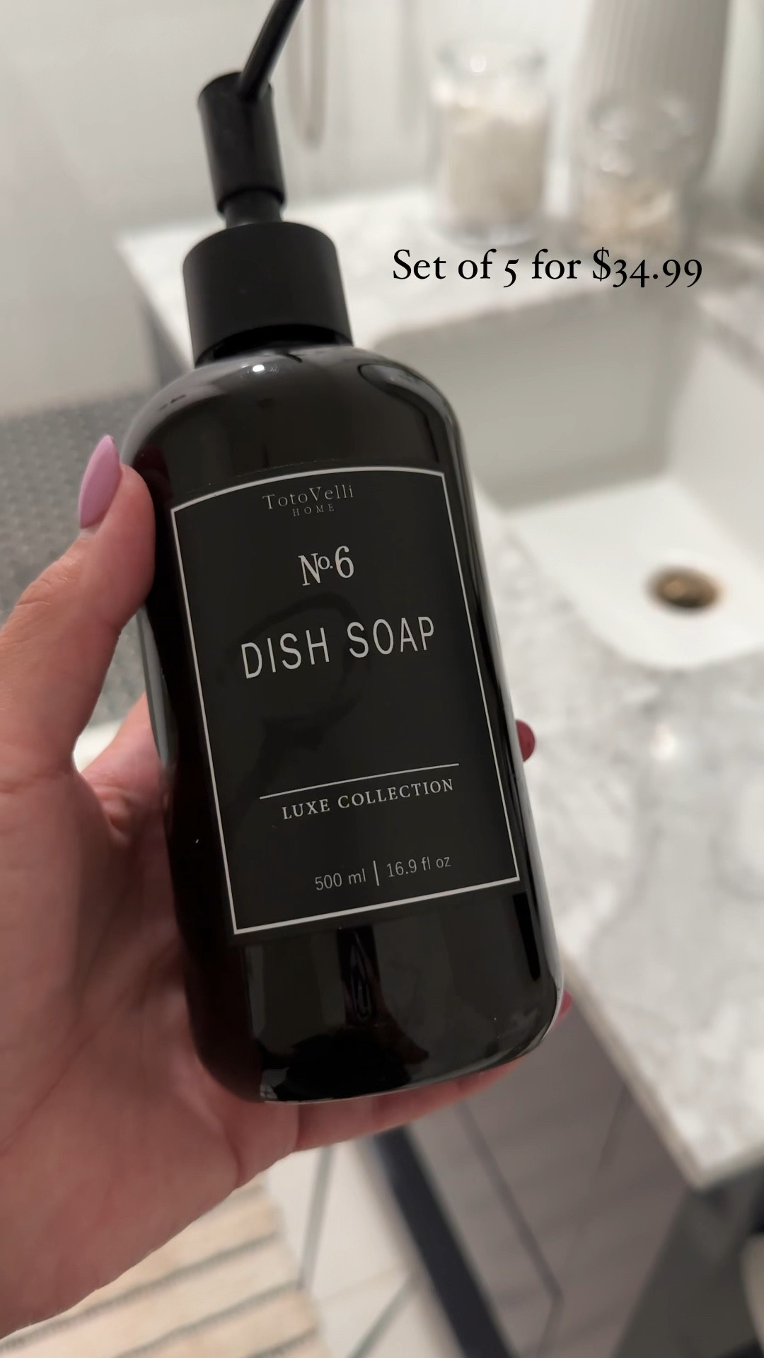 Set of 5 refillable bottles (lots of different labels are included) for $34.99. I also linked my larger marble tray that I use in my kitchen and the mini faux marble tray that I used in the  bathroom. 

#LTKsalealert #LTKhome #LTKunder50