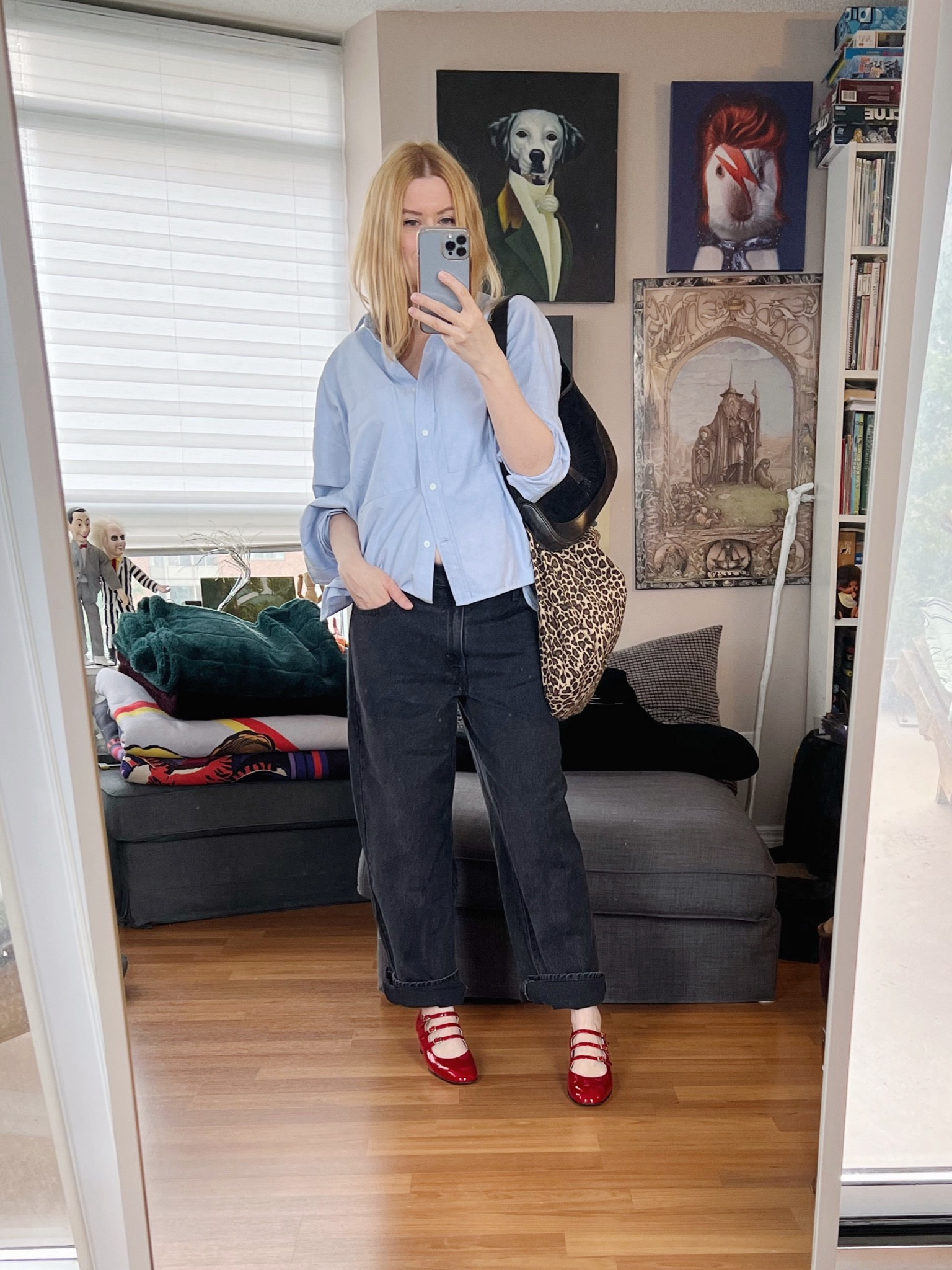 I sometimes feel that light blue can come across as a neutral depending on what colour you pair it with. I originally had on black shoes but the blue didn’t seem like strong enough of a colour paired with the black jeans, so I swapped the black shoes for shiny red. Then throw in an animal print tote and it’s not quite as basic.
The jeans are Levi’s Baggy Dad jeans and I found them secondhand. The black handbag is vintage. 

•
.  #summerlook  #torontostylist #styleadjectives #StyleOver40  #carelkina #poshmarkFind #thriftFind #thriftstyle #secondhandFind #fashionstylist #FashionOver40  #MumStyle #genX #genXStyle #shopSecondhand #genXInfluencer #maryjanes #levis #genXblogger #secondhandDesigner #Over40Style #40PlusStyle #Stylish40s #styleTip  #secondhandstyle 

#LTKFind #LTKshoecrush #LTKstyletip