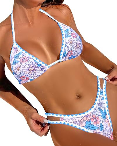 Jolefille Thong Bikini Sets for Women String Two Piece Swimsuit High Cut Floral Sexy Bathing Suit Halter Triangle Top | Amazon (US)
