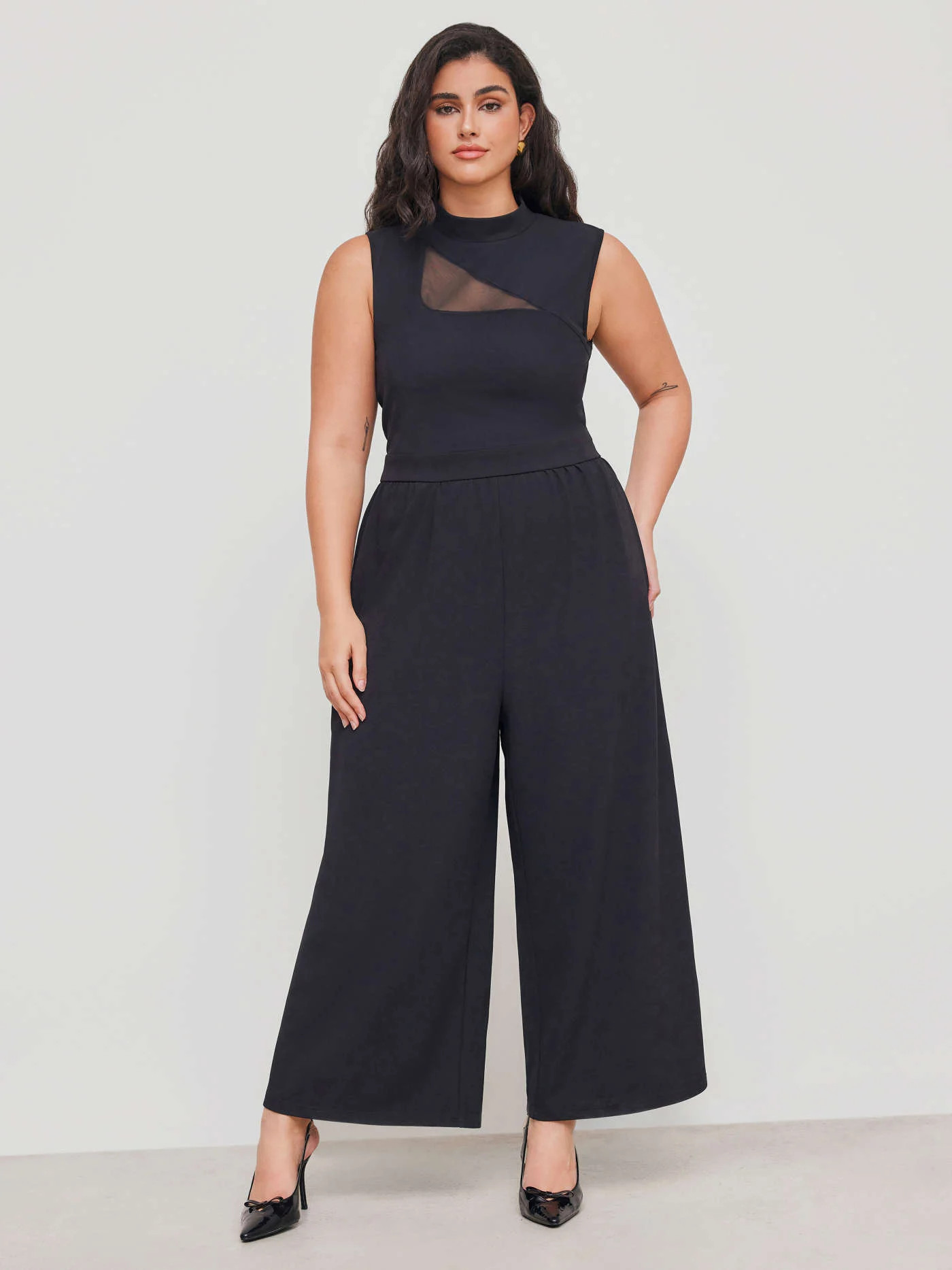 High Neck Solid Cut Out Pocket Wide Leg Jumpsuit Curve & Plus | Cider