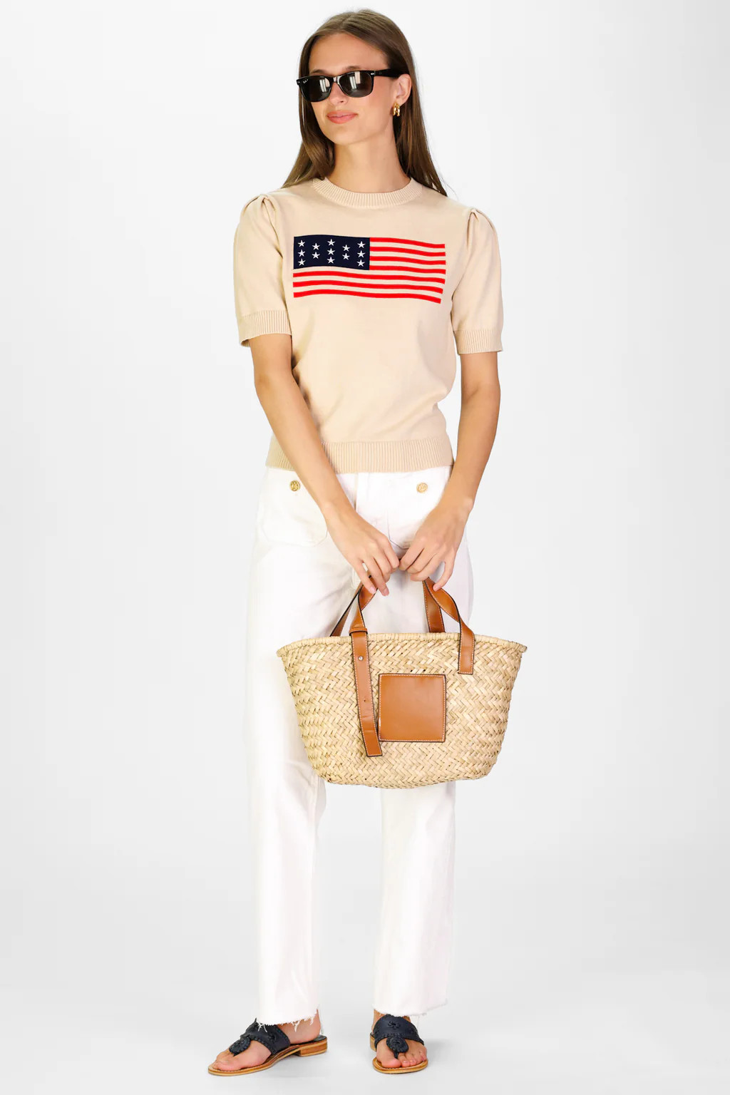 Puff Sleeve Flag Sweater in Tan | Duffield Lane