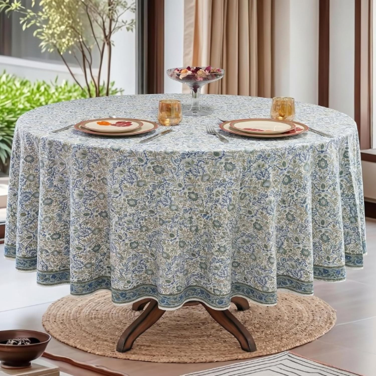 Round Tablecloth Hand Block Print 100% Cotton Reusable Indigo Flower 110 Inch Table Cover Decorative Everyday Use for Dining, Home, Party, Wedding, Farmhouse, Party Gift for Spring, Mother's Day | Amazon (US)