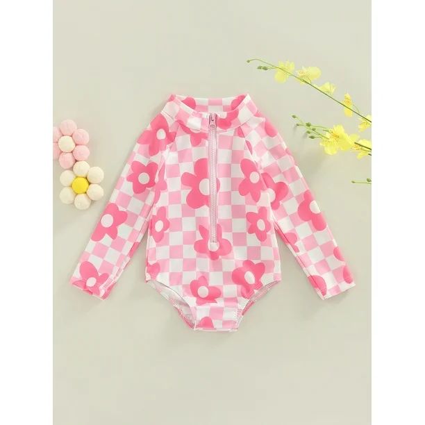 Genuiskids Infant Baby Girls One-Piece Swimsuit Toddler Floral Print Plaid Long Sleeve Rush Guard... | Walmart (US)