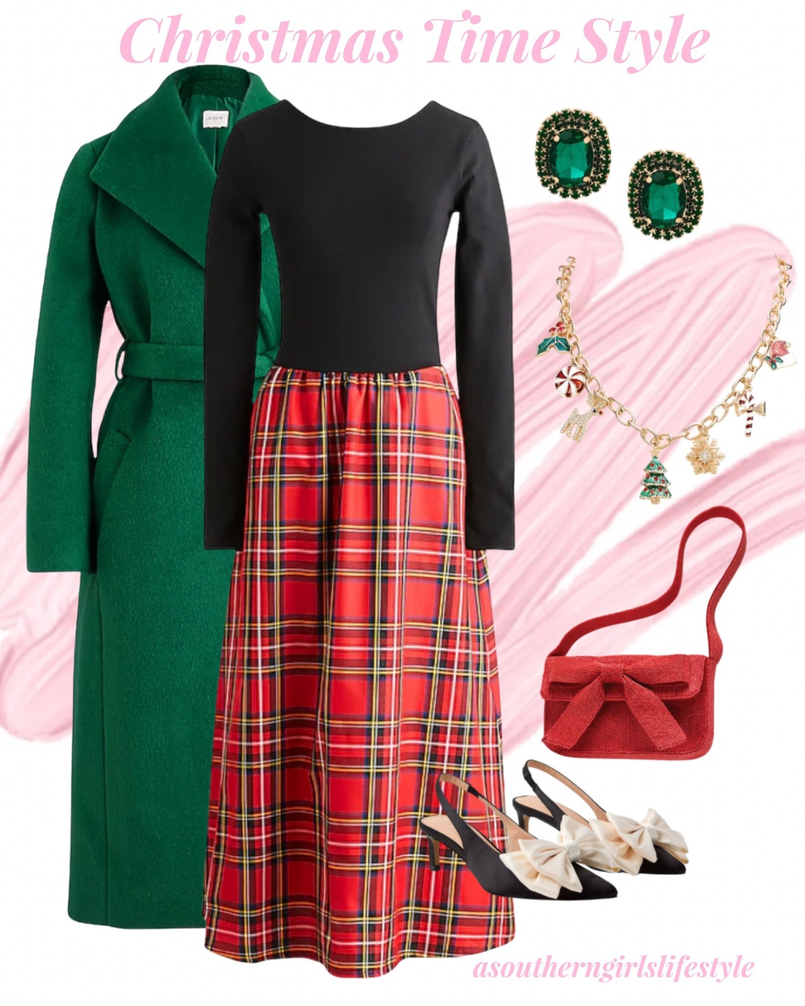 Everything is on Sale except the Necklace. From church to a Christmas Event!

Green Belted Wrap Coat, Long-sleeve Knit Tartan Mixy Dress, Green Statement Earrings, Enamel Necklace, Red Bow Beaded Purse & Satin Black Cream Bow Heels

Sunday Best. Christmas Dress. Christmas Outfit  

#LTKHoliday #LTKSeasonal #LTKSaleAlert