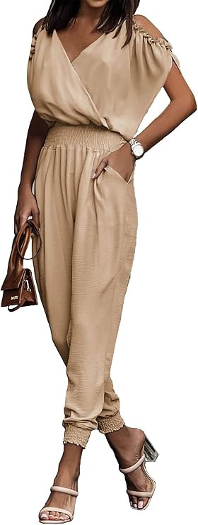 PRETTYGARDEN Jumpsuit for Women Casual Summer Wrap V Neck Cold Shoulder One Piece Outfits Pants R... | Amazon (US)