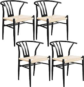 Yaheetech 4PCS Weave Dining Chair Weave Chair Mid-Century Modern Metal Rattan Chair Black Dining ... | Amazon (US)