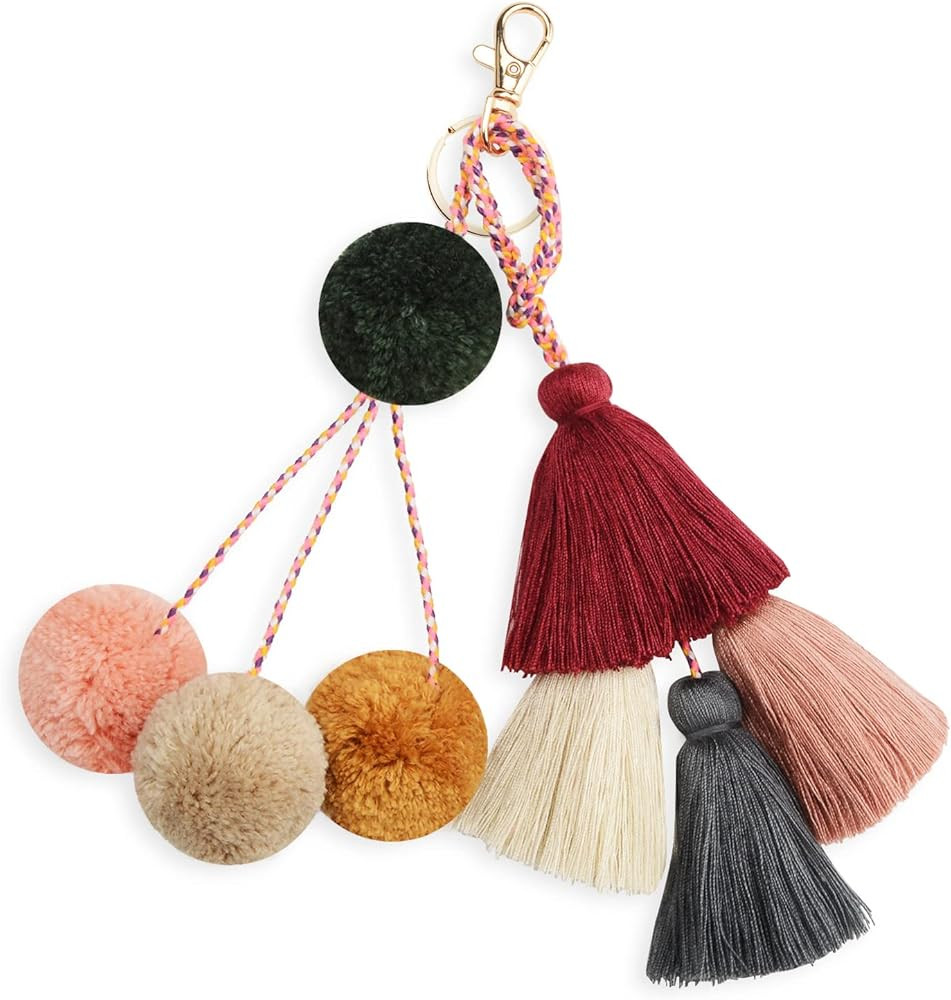 Colorful Keychains Boho Pom Pom Tassel Bag Decorations Charm Wristlet Bracelet Keyring for Women | Amazon (US)
