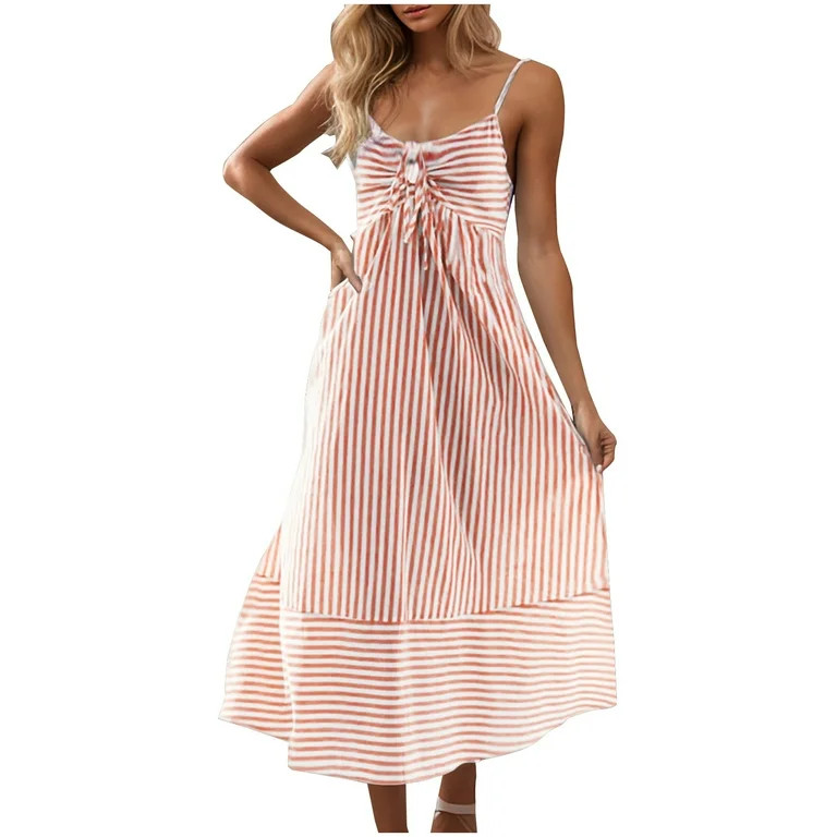 EINCcm Womens Striped Dresses V Neck Cutout Casual Spaghetti Strap Flowy Swing A Line Beach Tiere... | Walmart (US)
