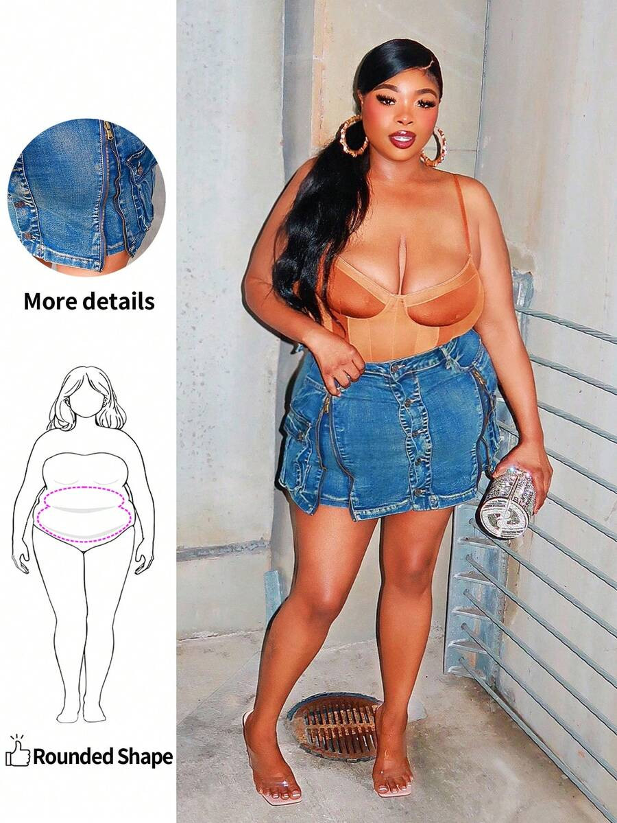 LocalEnliva Obviously_ebony Plus Size Y2K Zip-Up Vintage Washed Low Waist Mini Denim Skirt, For A... | SHEIN
