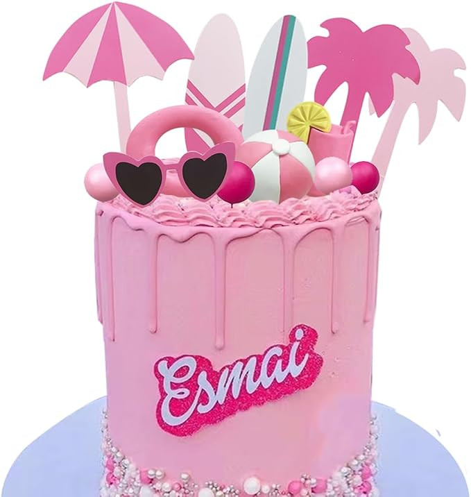 Summer Pink Beach Cake Topper for Pink Summer Beach Bali Hawaiian Cake | with Beach Ball Swimming... | Amazon (US)