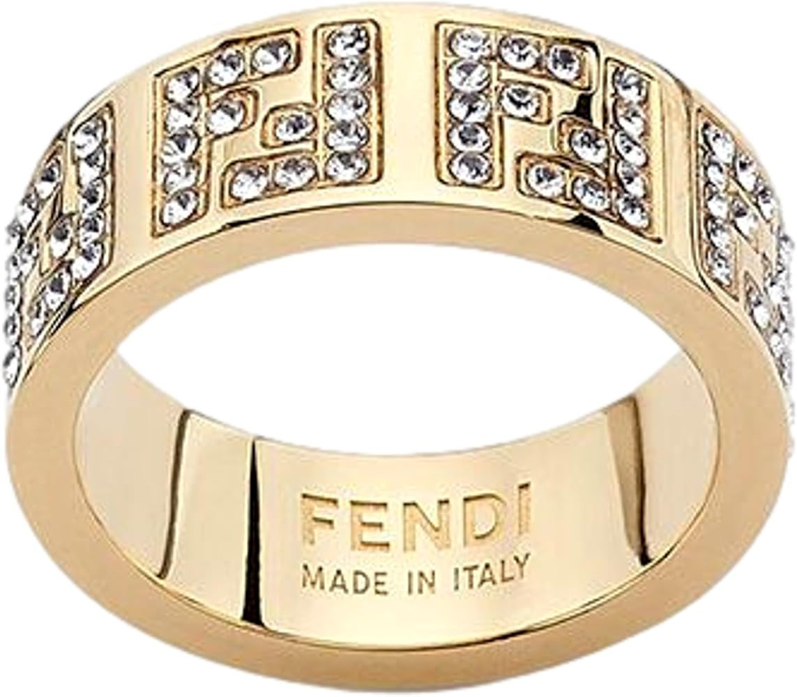 FENDI FF Crystal Embellished Wide Band Gold Plated Stacking Ring Small | Amazon (US)