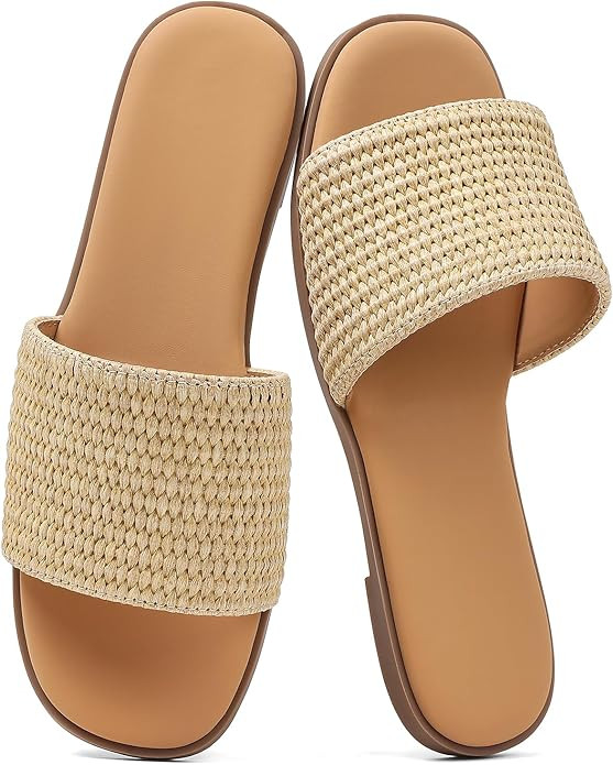 Tscoyuki Slides Sandals for Women Basic Slip On Flat Sandals Open Toe Comfort Beach Sandals Slipp... | Amazon (US)