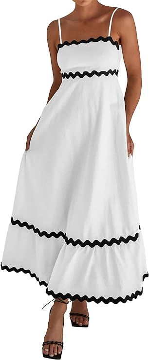 KIRUNDO Womens Summer Dresses Boho Sleeveless Spaghetti Strap Smocked Rickrack Trim Flowy Beach V... | Amazon (US)