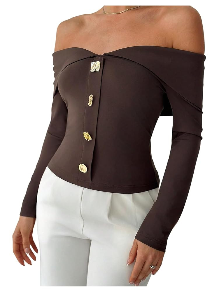 Floerns Women's T Shirts Off The Shoulder Long Sleeve Button Up Going Out Tee Tops | Amazon (US)