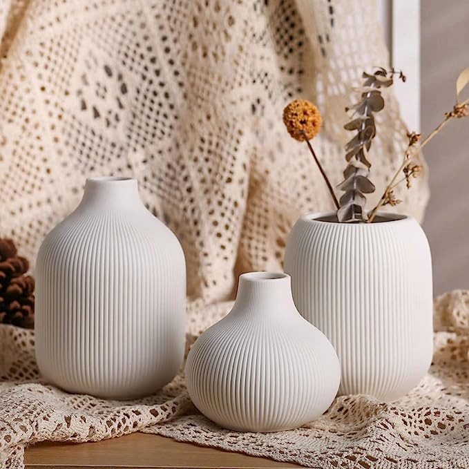 White Ceramic Vase Set of 3,Small Ribbed Vases for Rustic Home Decor,Modern Minimalist Decor,Shel... | Amazon (US)