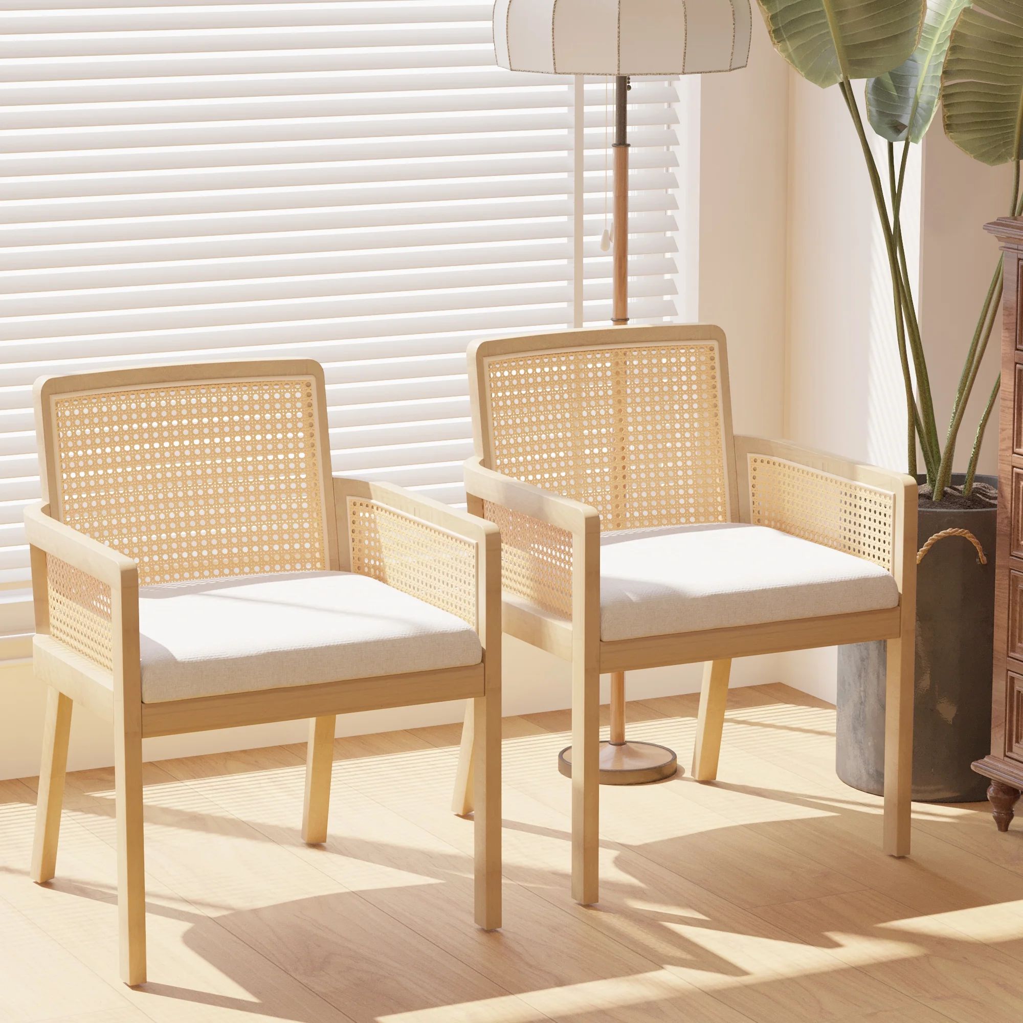 MeetLeisure Mid-Century Modern Rattan Chair Set of 2 with Cushions, Light Wood | Walmart (US)