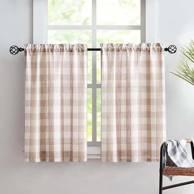Treatmentex Plaid Country Kitchen Curtains 24inch Taupe Tier Curtain Set for Basement Laundry Sma... | Amazon (US)