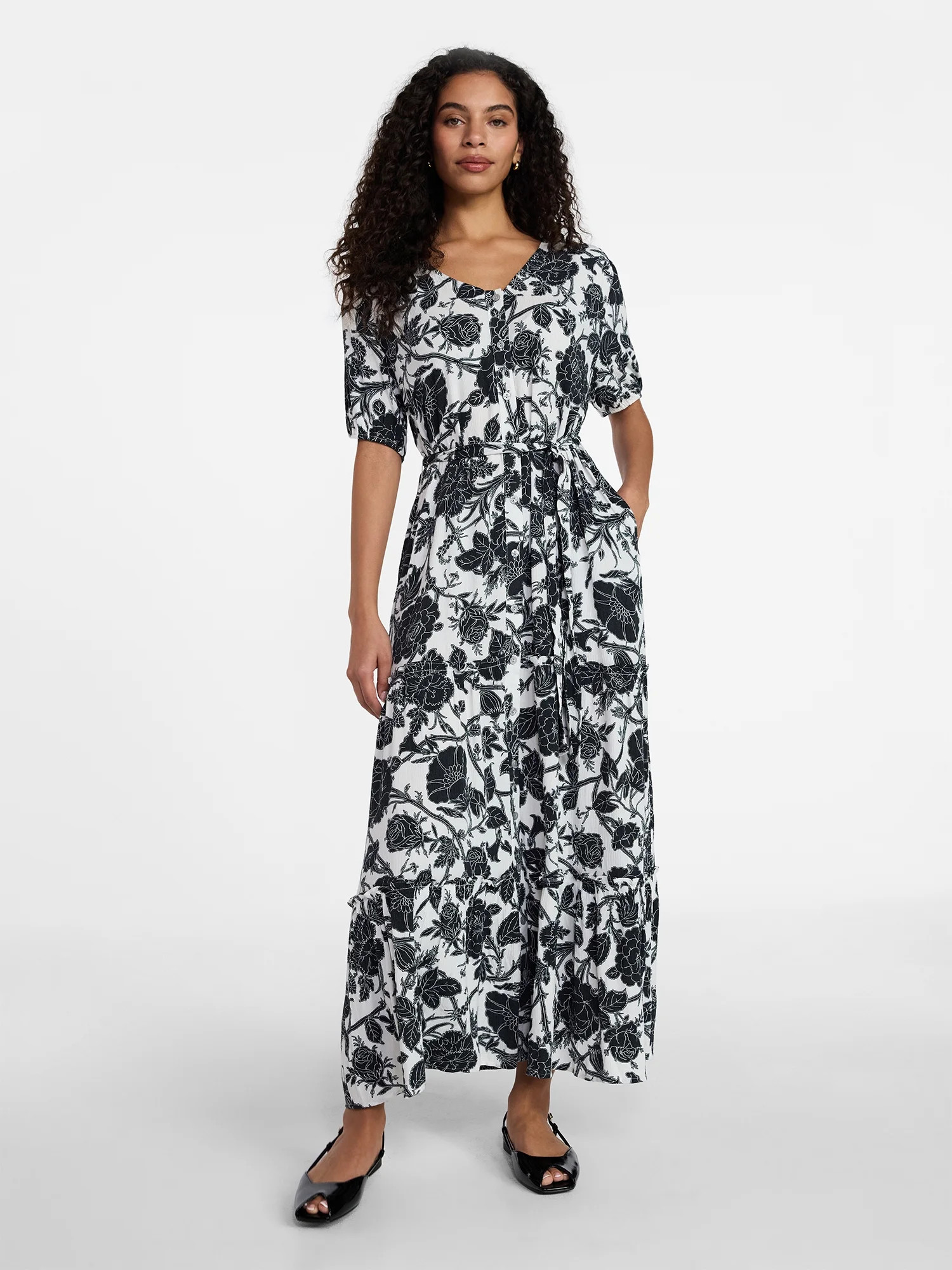 Time and Tru Women’s Crinkle Maxi Dress with Short Sleeves, Sizes XS-XXXL | Walmart (US)