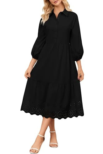 Ladyful Embroidered Eyelet Cotton Dress for Women Maxi 3/4 Sleeve Button Down Hollowed Out Flowy Midi Shirt Dress Black | Amazon (US)