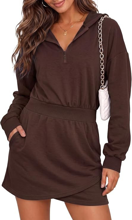 Fisoew Womens Hoodies Sweatshirt Dress Half Zip Elastic Waist Mini Dress | Long Sleeve, Hooded Dr... | Amazon (US)