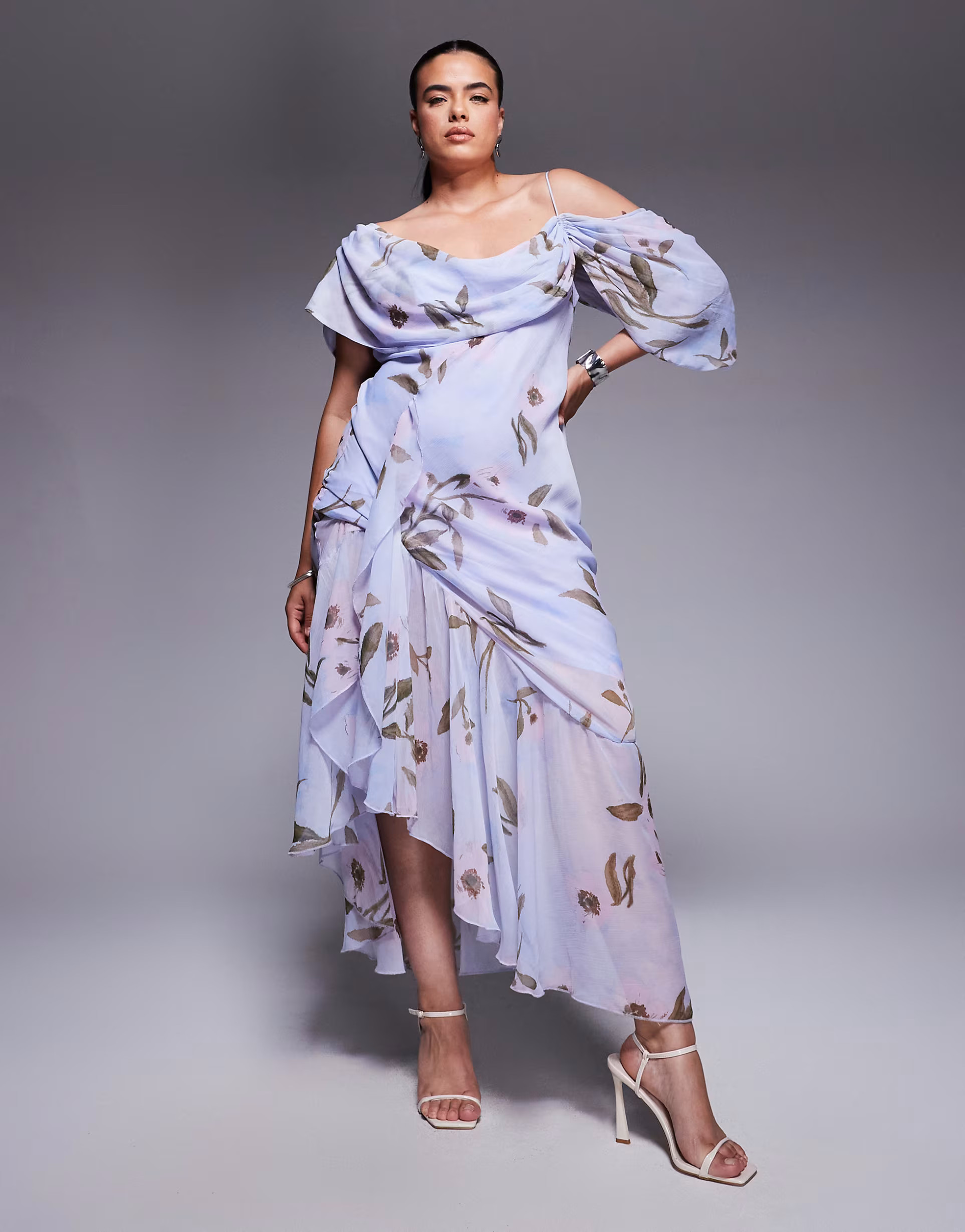 ASOS DESIGN Curve cowl neck bias midaxi dress with asymmetric pephem in blue floral print | ASOS (Global)