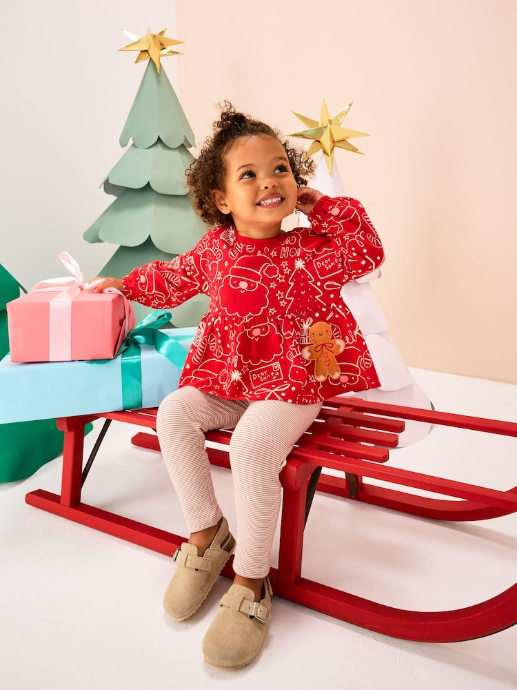 Red Christmas Gingerbread Long Sleeve Peplum Top and Leggings Set (3mths-7yrs) | Next US
