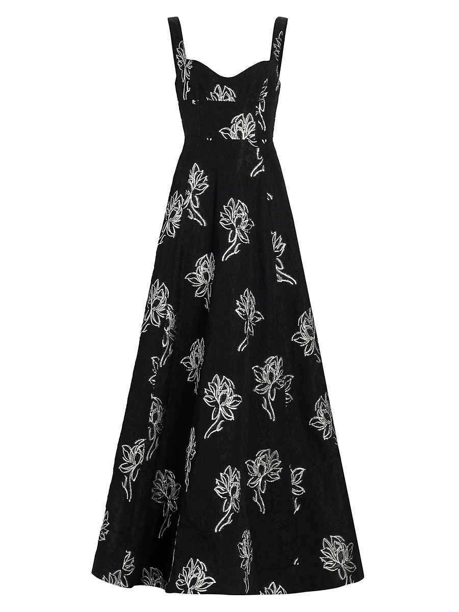 Women's Thalia Floral Jacquard A-Line Gown - Black Silver - Size 4 | Saks Fifth Avenue