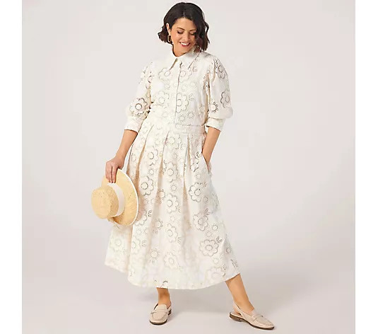 Helene Berman X Katy 100% Cotton Lace Broderie Pleated Midi Skirt - QVC UK | QVC UK