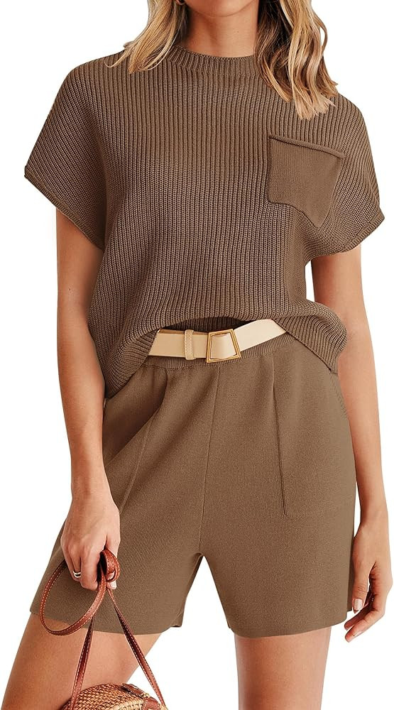 ZESICA Women's 2 Piece Outfits Sweater Set Short Sleeve Mock Neck Knit Pullover Top and Shorts Tr... | Amazon (US)