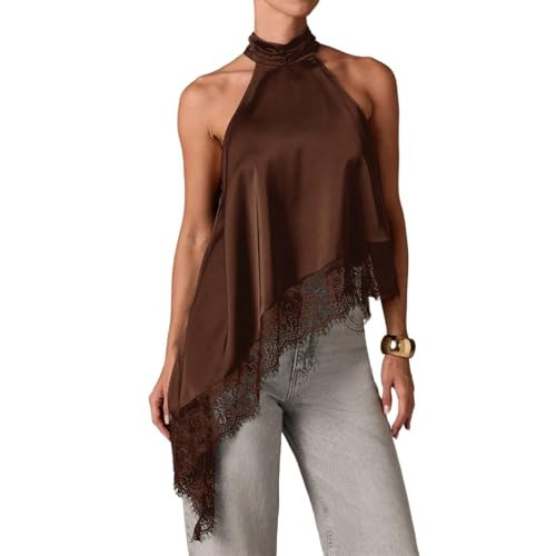 GCZREN Women Y2k Satin Sleeveless Mock Neck Lace Trim Tank Top Elegant Backless Asymmetric Hem Going Out Halter Tops(L,Brown) | Amazon (US)