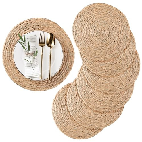 RUNTIVAN Round Woven Placemats Set of 6, Natural Water Hyacinth Place mats, 12 inch Rattan Placemats Wicker Placemats Farmhouse Boho Braided Heat Resistant Outdoor Placemat Patio Table Place Mats | Amazon (US)
